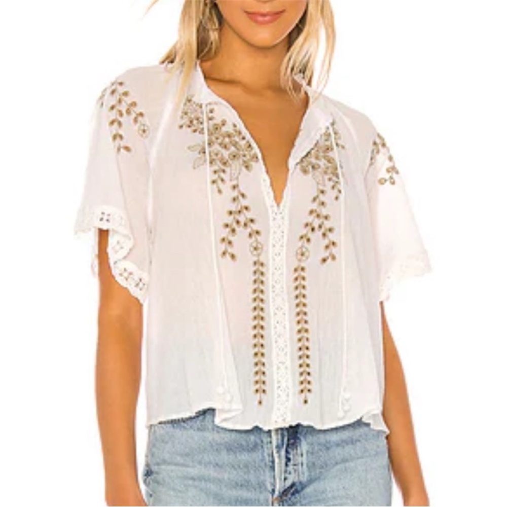 Free People Dahlia White Blouse with Green Embroidery Size XS Boho Spring Summer